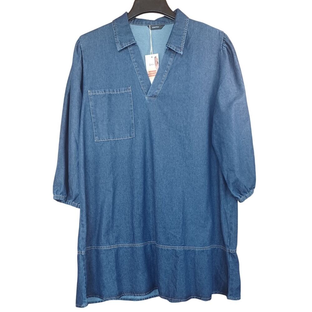 Denim Dress Women 2XL NWT Blue Jean Western Puff Sleeve Casual Shirt Dress - Picture 4 of 8